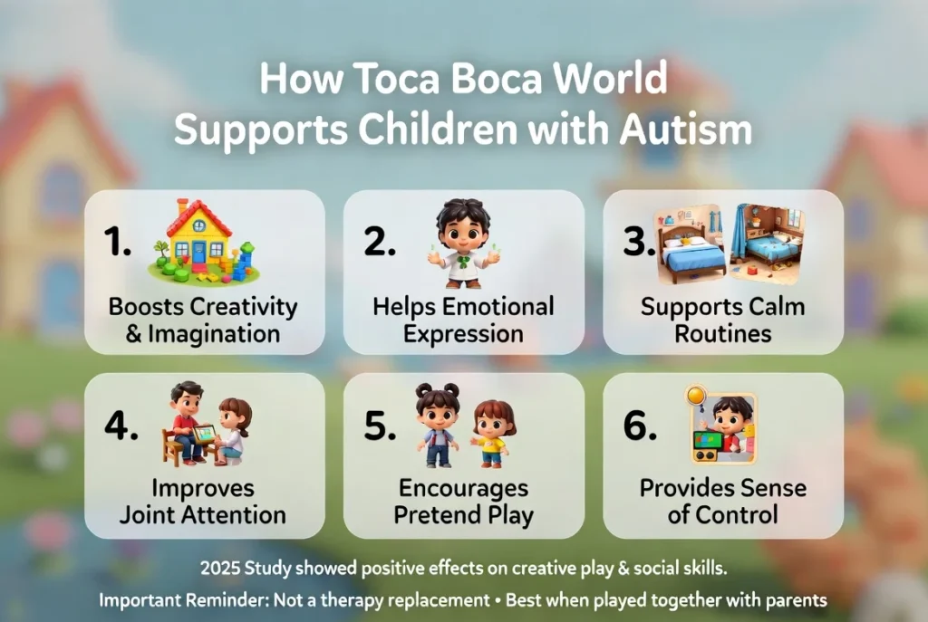 Toca Boca World & Autism:Facts, Benefits, Myths & Real Parent Experiences (2026 Guide) 3 How Toca Boca World Supports Children with Autism